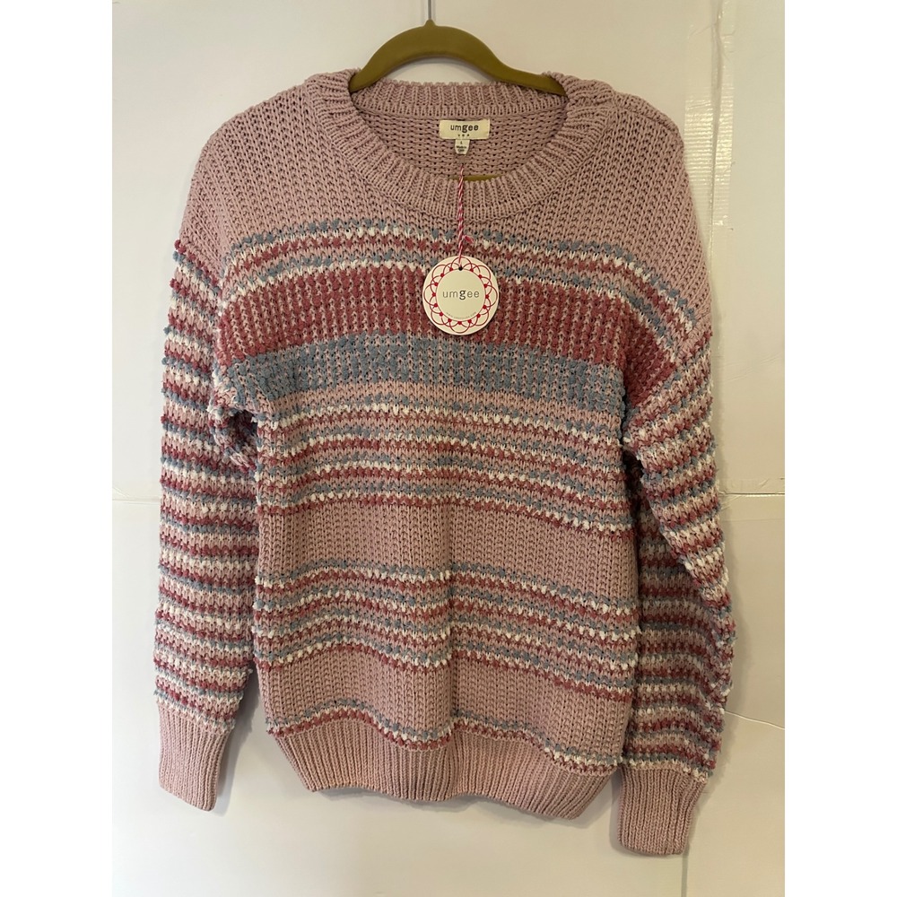 Umgee USA‎ Women's Striped Knit Sweater Pink Red Blue White Pullover